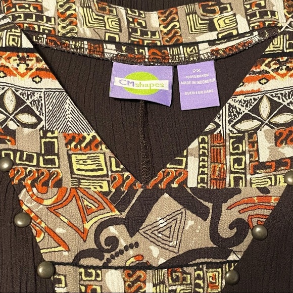 Tribal print brown studded v-neck sleeveless muu muu plus size 2X - Picture 6 of 7